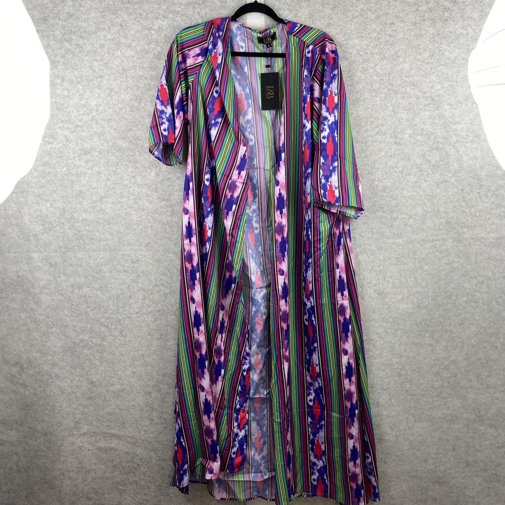 L&B Blouse Womens Large Multicolor Boho Southwestern Open Kimono Duster
